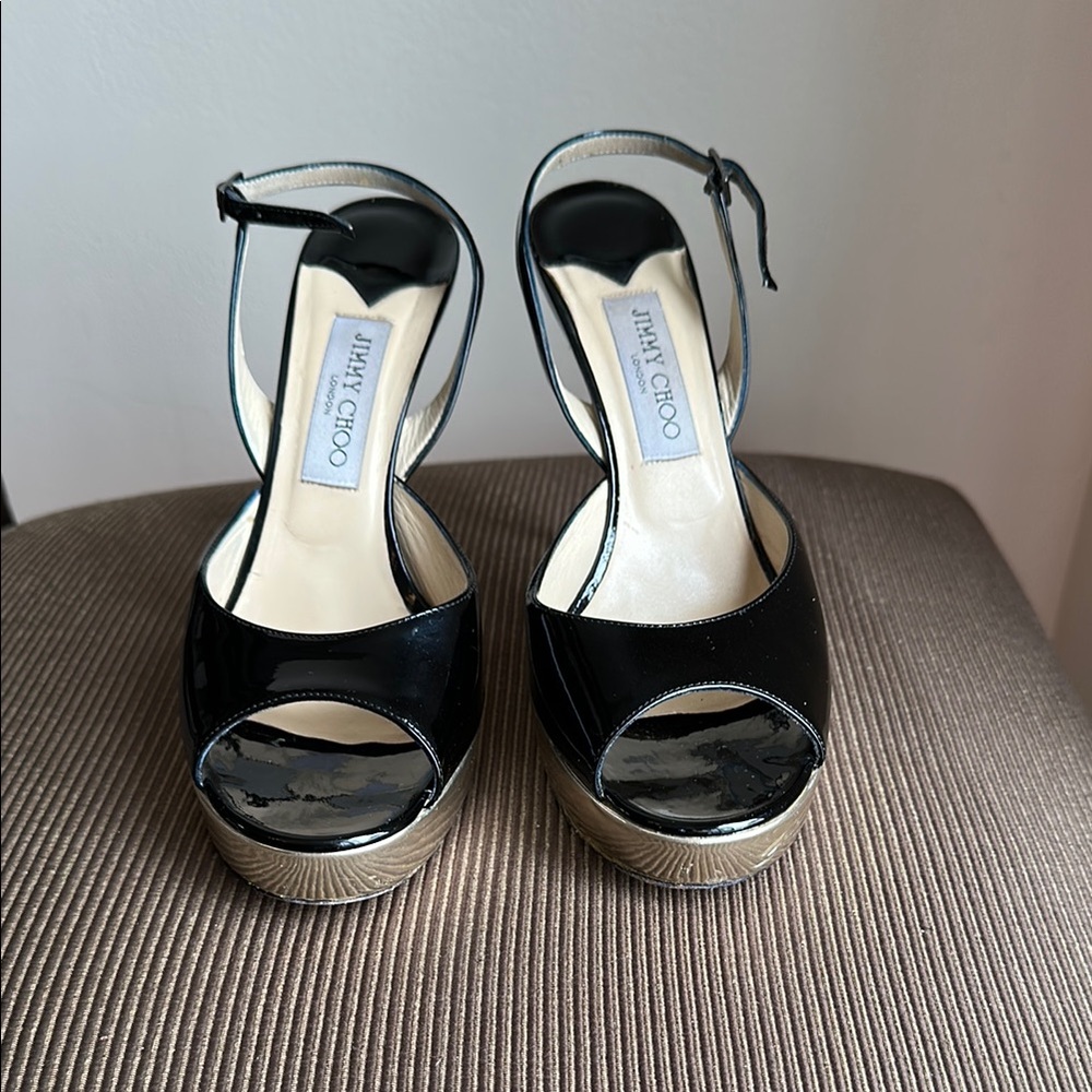 Jimmy Choo Black Patent Leather Platform Stiletto Peep-Toe Women's Shoes